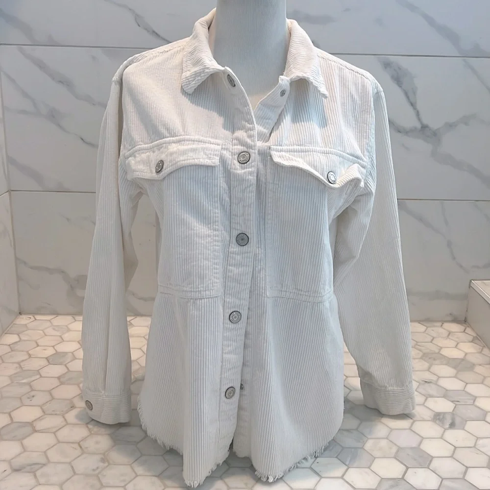 Zara White Corduroy Button Down Long Sleeve Shirt Jacket Girls Size 13/14